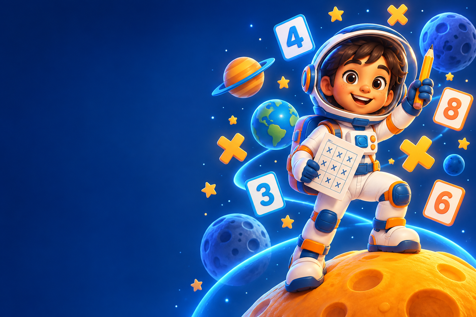 Criança astronauta em um universo de números